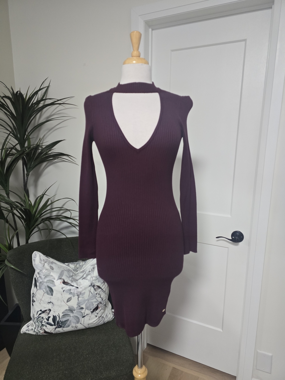 Guess Plum Ribbed Cutout Mini Dress